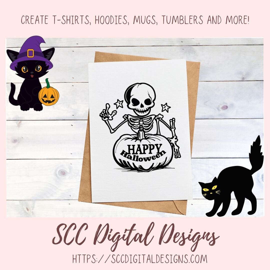 Happy Halloween Skelton PNG for Halloween T-Shirts for Women, Fall Crafting Spooky Vibes Sublimation Designs for Kids for Party Invites