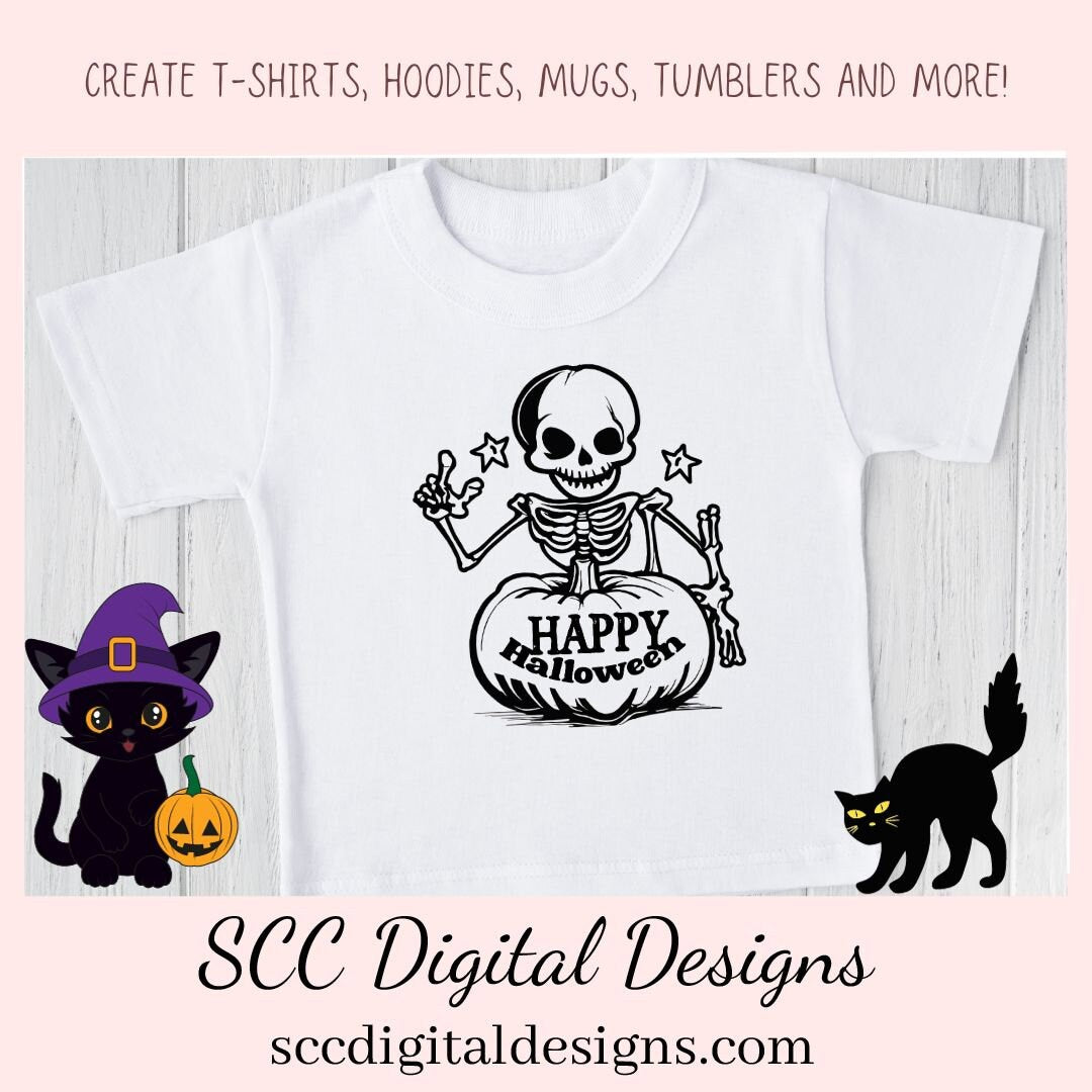 Happy Halloween Skelton PNG for Halloween T-Shirts for Women, Fall Crafting Spooky Vibes Sublimation Designs for Kids for Party Invites