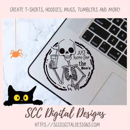Just Here for the Boo's PNG for Halloween T-Shirts for Women, Fall Crafting Humorous Skeleton Spooky Vibes Designs for Party Invites