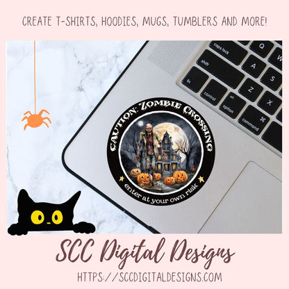 Halloween Zombie Clipart for T-Shirts for Men, Fall Crafting Designs Spooky Vibes Haunted House for Door Hanger PNG Clip Art Commercial Use