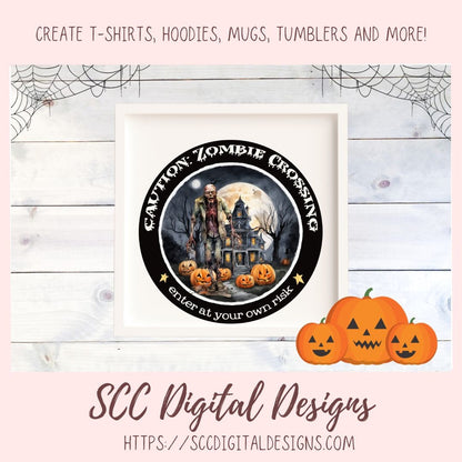 Halloween Zombie Clipart for T-Shirts for Men, Fall Crafting Designs Spooky Vibes Haunted House for Door Hanger PNG Clip Art Commercial Use