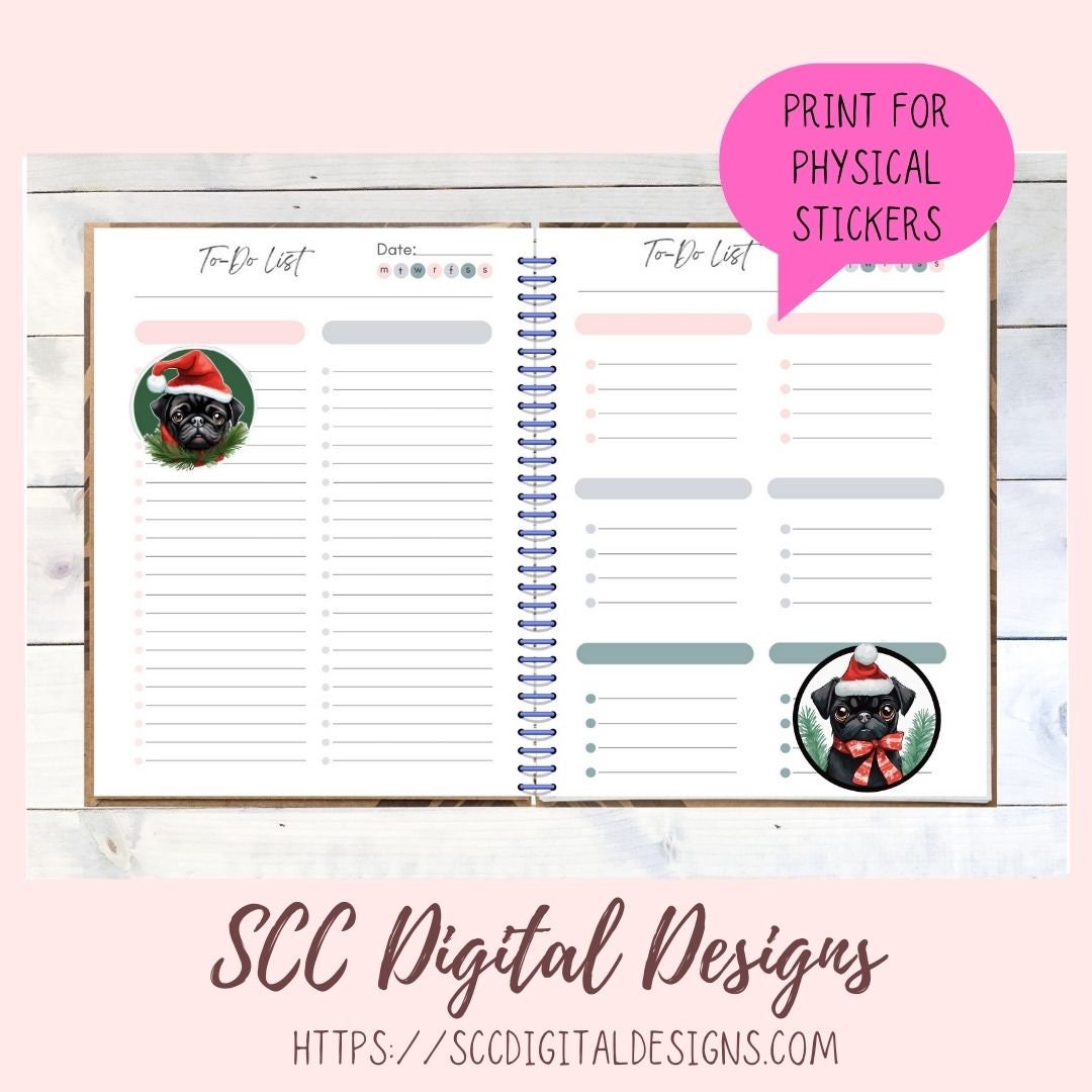 Black Pug Stickers for Digital or Paper Planners, Christmas Sticker PNG Pre-Cropped Clipart Printable Stickers for Women & Junk Journals