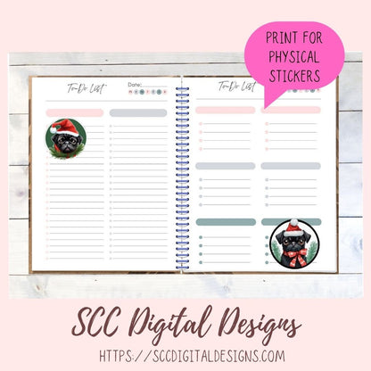 Black Pug Stickers for Digital or Paper Planners, Christmas Sticker PNG Pre-Cropped Clipart Printable Stickers for Women & Junk Journals