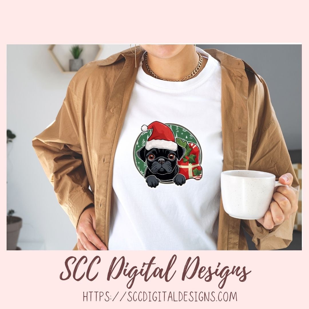 Black Pug Stickers for Digital or Paper Planners, Christmas Sticker PNG Pre-Cropped Clipart Printable Stickers for Women & Junk Journals