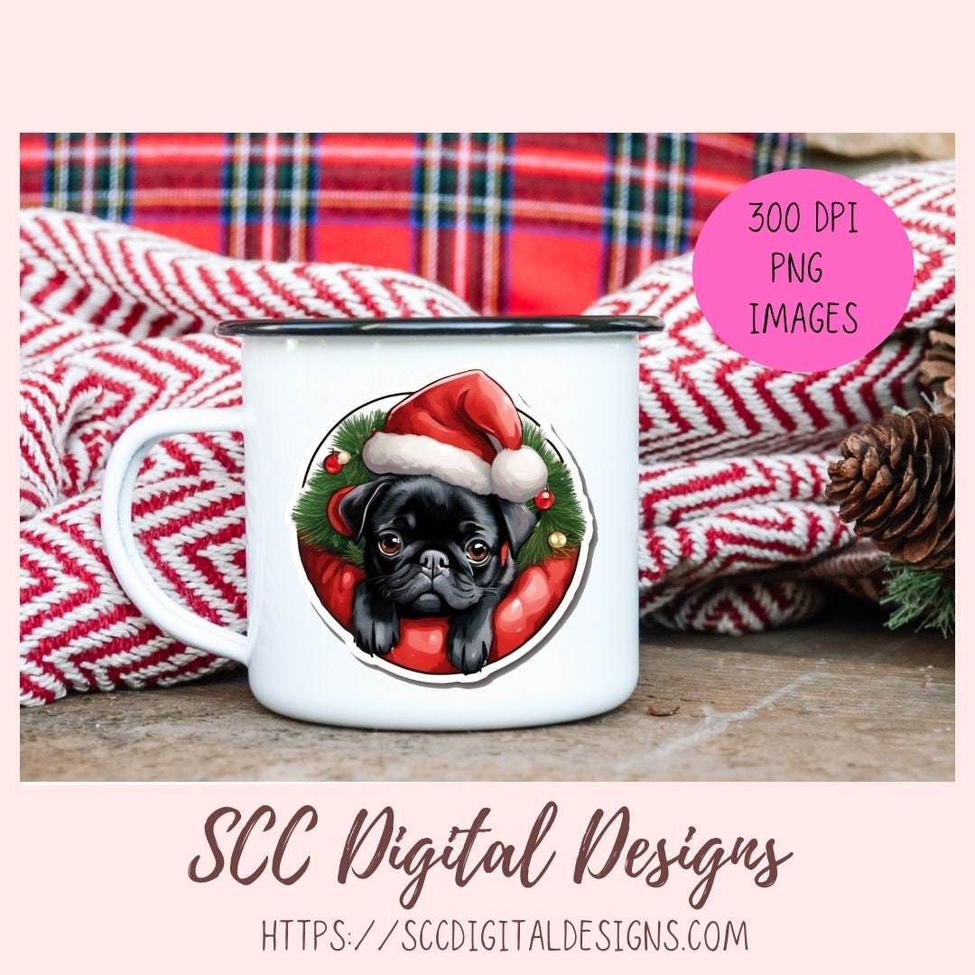 Black Pug Stickers for Digital or Paper Planners, Christmas Sticker PNG Pre-Cropped Clipart Printable Stickers for Women & Junk Journals