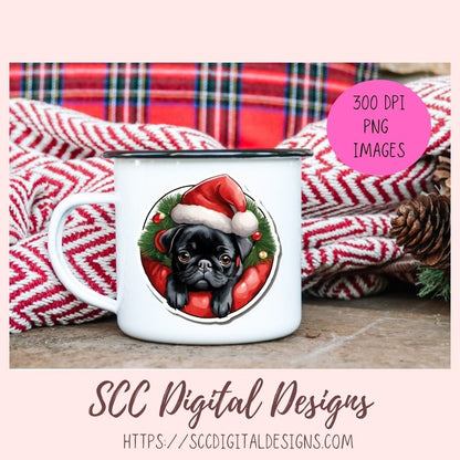 Black Pug Stickers for Digital or Paper Planners, Christmas Sticker PNG Pre-Cropped Clipart Printable Stickers for Women & Junk Journals