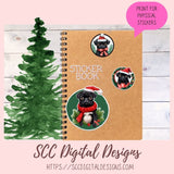 Black Pug Stickers for Digital or Paper Planners, Christmas Sticker PNG Pre-Cropped Clipart Printable Stickers for Women & Junk Journals