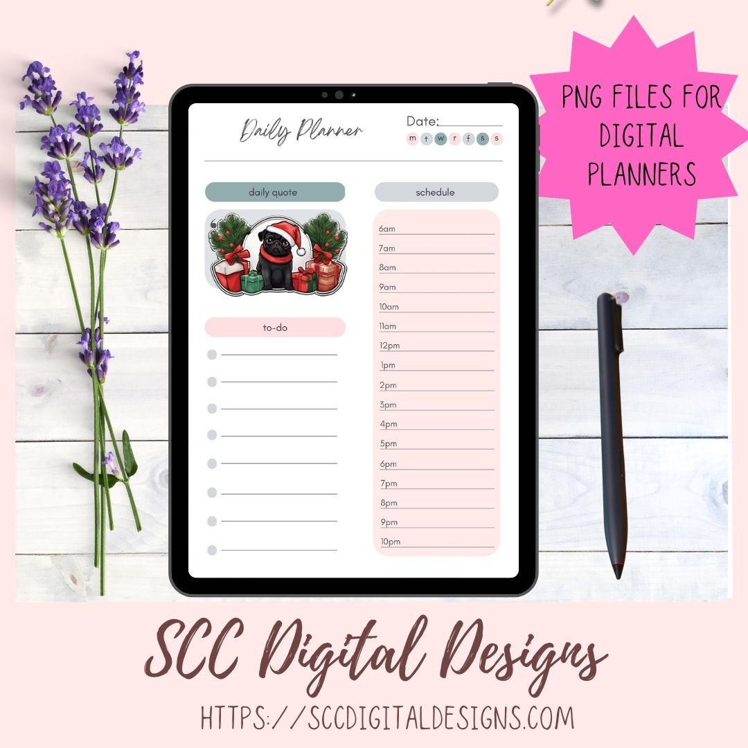 Black Pug Stickers for Digital or Paper Planners, Christmas Sticker PNG Pre-Cropped Clipart Printable Stickers for Women & Junk Journals