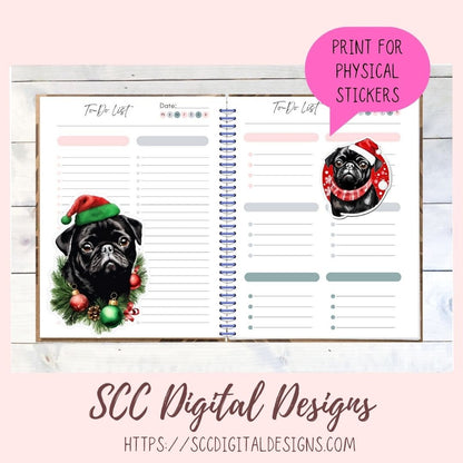 Cute Black Pug Stickers for Digital or Paper Planners, Christmas PNG Pre-Cropped Clipart Printable Stickers for Women, Digital Scrapbooking Supplies