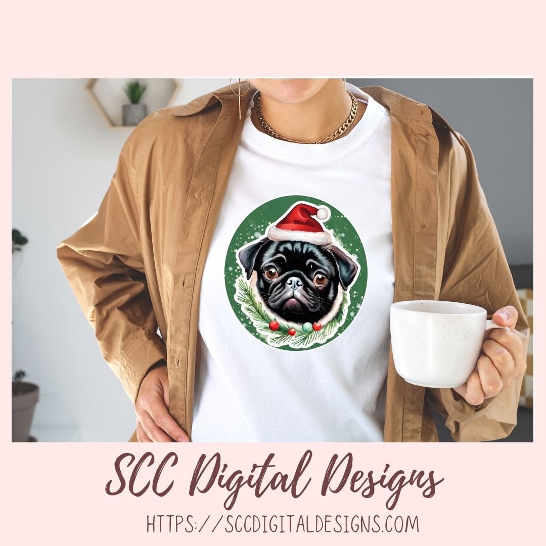 Cute Black Pug Stickers for Digital or Paper Planners, Christmas PNG Pre-Cropped Clipart Printable Stickers for Women, Digital Scrapbooking Supplies