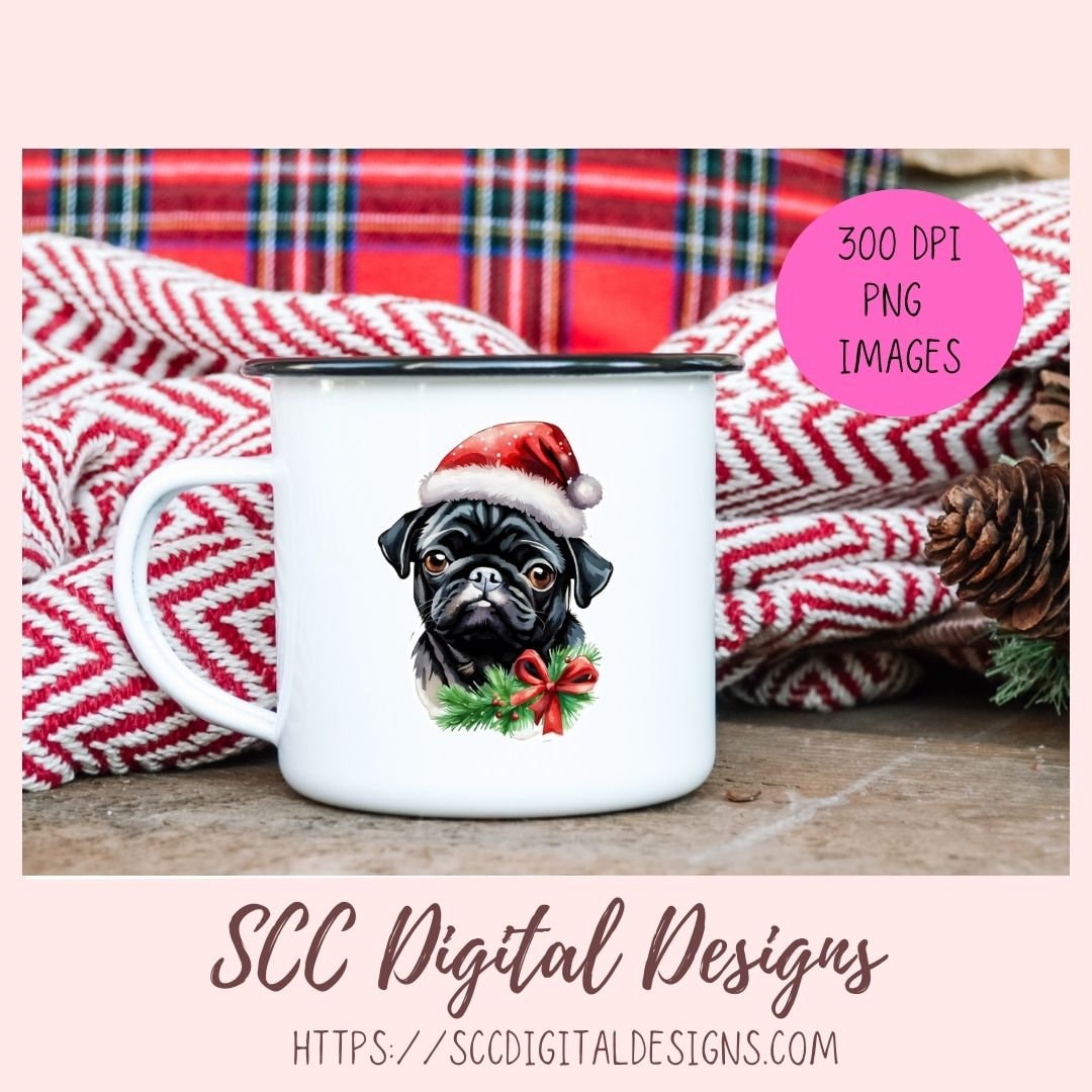 Cute Black Pug Stickers for Digital or Paper Planners, Christmas PNG Pre-Cropped Clipart Printable Stickers for Women, Digital Scrapbooking Supplies