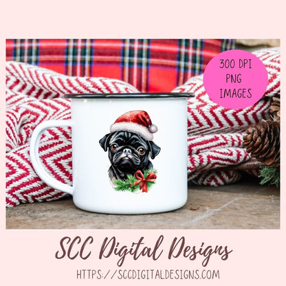Cute Black Pug Stickers for Digital or Paper Planners, Christmas PNG Pre-Cropped Clipart Printable Stickers for Women, Digital Scrapbooking Supplies