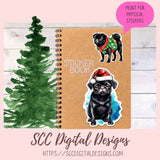 Cute Black Pug Stickers for Digital or Paper Planners, Christmas PNG Pre-Cropped Clipart Printable Stickers for Women, Digital Scrapbooking Supplies