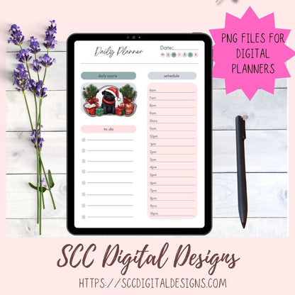 Cute Black Pug Stickers for Digital or Paper Planners, Christmas PNG Pre-Cropped Clipart Printable Stickers for Women, Digital Scrapbooking Supplies