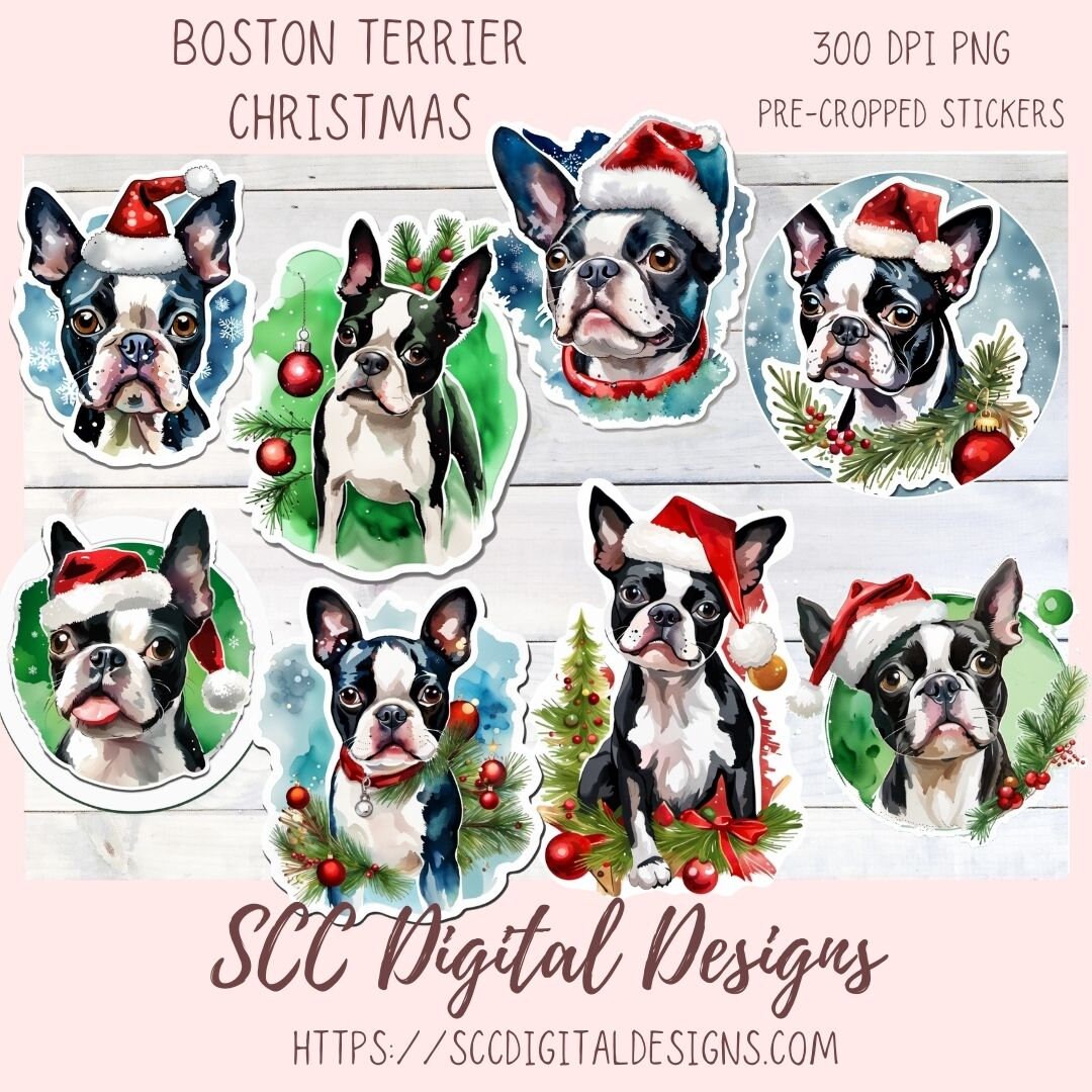 Boston Terrier Christmas Stickers for Digital or Paper Planners, Pre-Cropped Clipart Printable Stickers for Women, Kids & Junk Journals