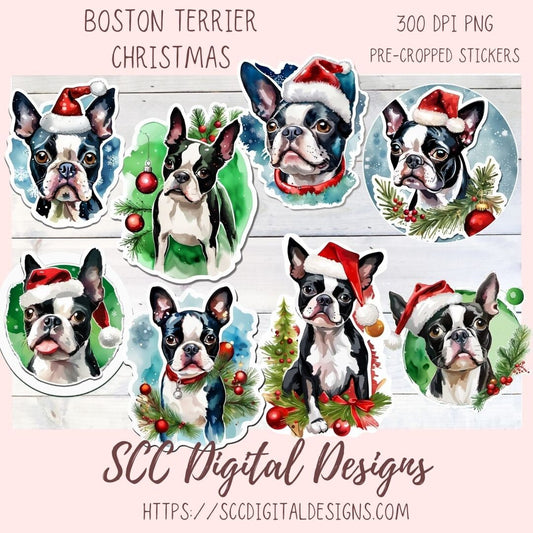 Boston Terrier Christmas Stickers for Digital or Paper Planners, Pre-Cropped Clipart Printable Stickers for Women, Kids & Junk Journals