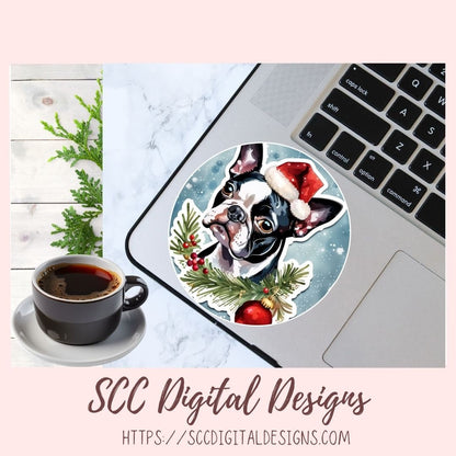 Boston Terrier Christmas Stickers for Digital or Paper Planners, Pre-Cropped Clipart Printable Stickers for Women, Kids & Junk Journals