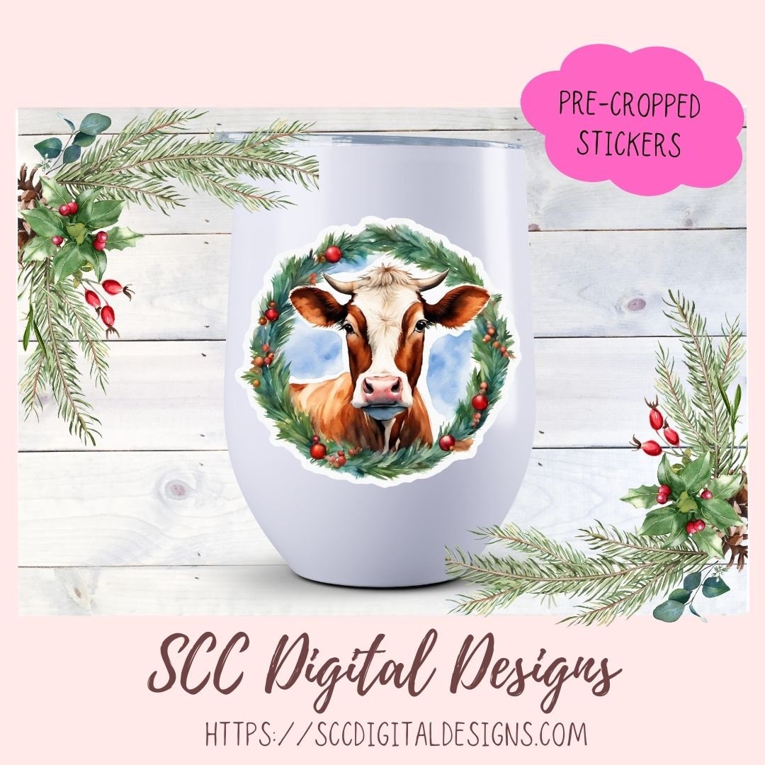 Christmas Cows Stickers for Digital or Paper Planners, Scrapbooking, Black and White Cow Pre-Cropped Clipart Printable Stickers for Women & Junk Journals