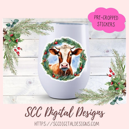 Christmas Cows Stickers for Digital or Paper Planners, Scrapbooking, Black and White Cow Pre-Cropped Clipart Printable Stickers for Women & Junk Journals