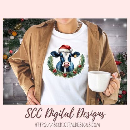 Christmas Cows Stickers for Digital or Paper Planners, Scrapbooking, Black and White Cow Pre-Cropped Clipart Printable Stickers for Women & Junk Journals