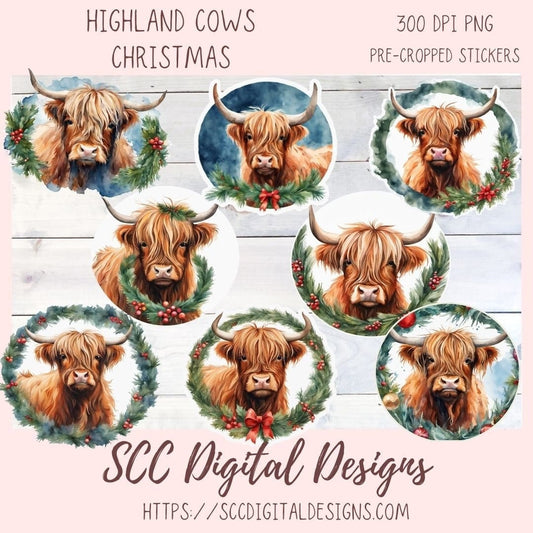 Christmas Highland Cows Stickers for Digital or Paper Planners, Digital Scrapbooking, Christmas Art for Crafts & Decor, Digital Scrapbooking, Pre-Cropped Clipart Printable Stickers  & Junk Journals