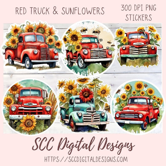 Red Truck and Sunflowers Stickers, Add a Touch of Charm to Your Planners, Planning Obsessed Embellishments, Vintage Art for Crafts & Decor