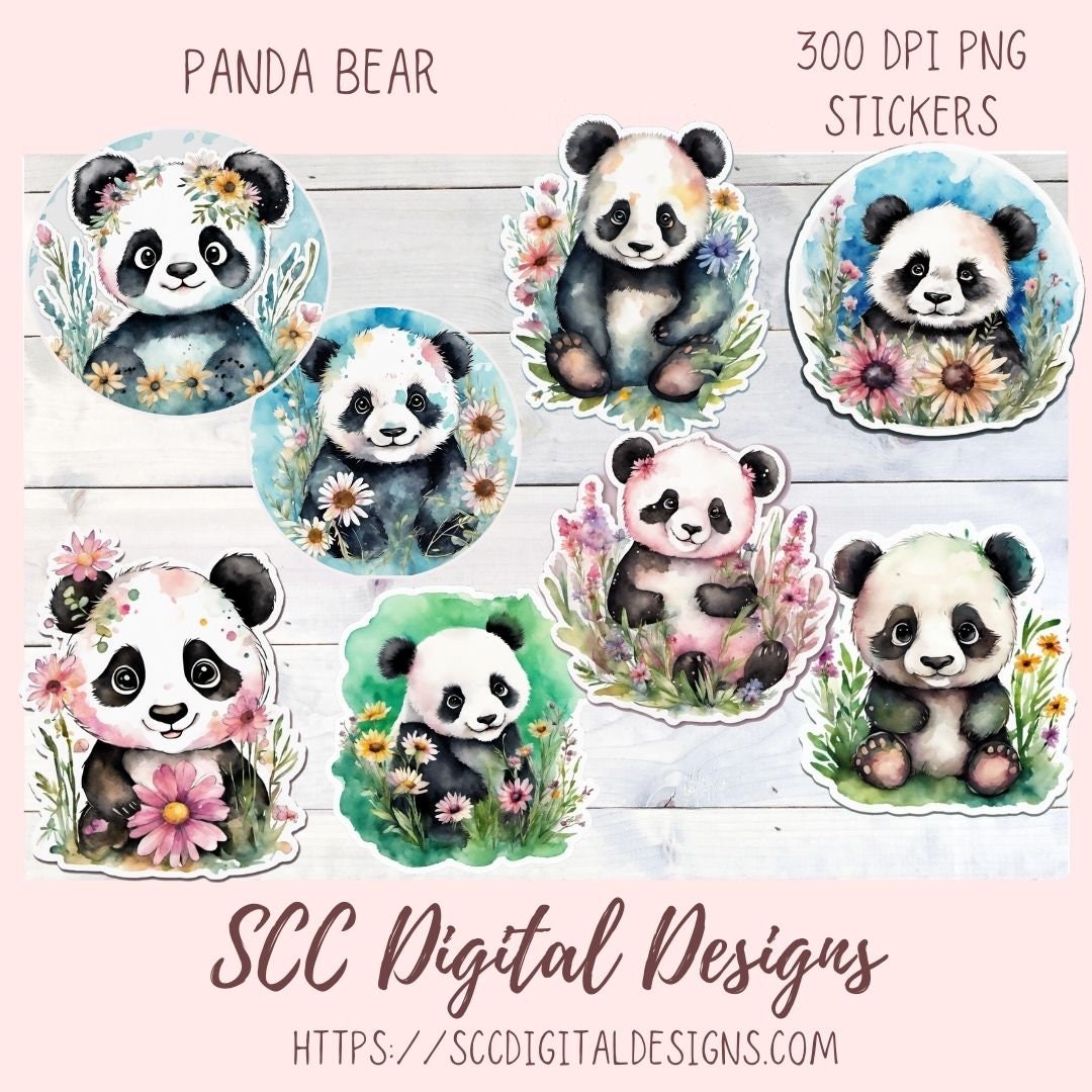 Cute Panda Bear Stickers for Digital or Paper Planners, Commercial Use Pre-Cropped Clipart Printable Stickers for Kids & Women