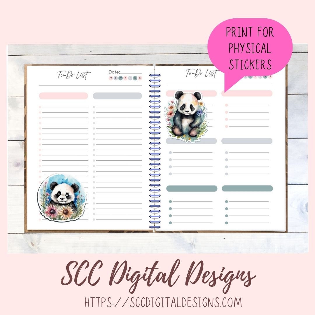 Cute Panda Bear Stickers for Digital or Paper Planners, Commercial Use Pre-Cropped Clipart Printable Stickers for Kids & Women