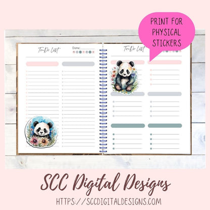 Cute Panda Bear Stickers for Digital or Paper Planners, Commercial Use Pre-Cropped Clipart Printable Stickers for Kids & Women