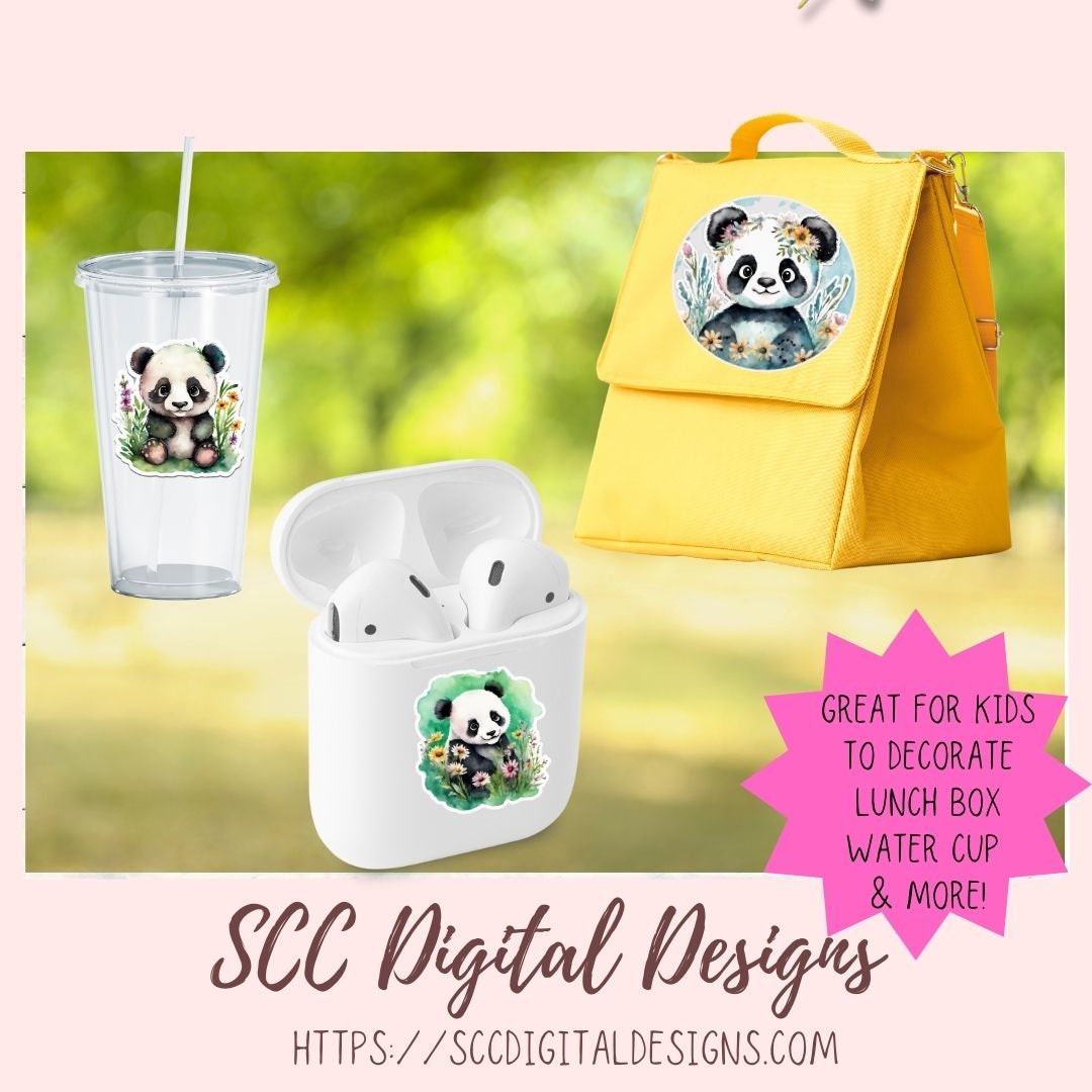Cute Panda Bear Stickers for Digital or Paper Planners, Commercial Use Pre-Cropped Clipart Printable Stickers for Kids & Women