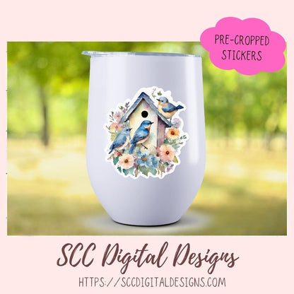 Blue Bird  & Bird Houses Stickers for Digital or Paper Planners, Spring Art for Crafts & Decor, Commercial Use Pre-Cropped Clipart Printable Stickers for Kids, Women, Digital Scrapbooking