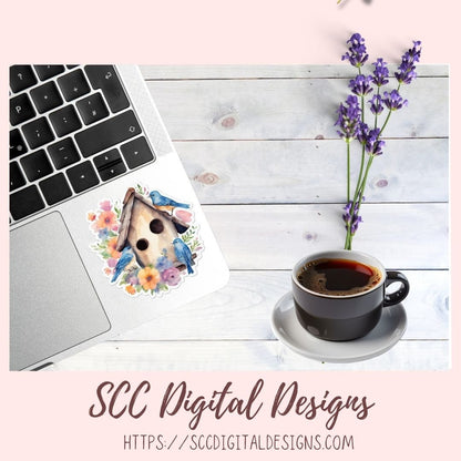 Blue Bird  & Bird Houses Stickers for Digital or Paper Planners, Spring Art for Crafts & Decor, Commercial Use Pre-Cropped Clipart Printable Stickers for Kids, Women, Digital Scrapbooking