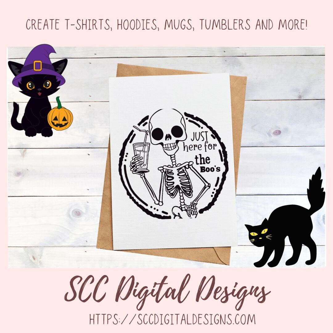 Just Here for the Boo's PNG for Halloween T-Shirts for Women, Fall Crafting Humorous Skeleton Spooky Vibes Designs for Party Invites