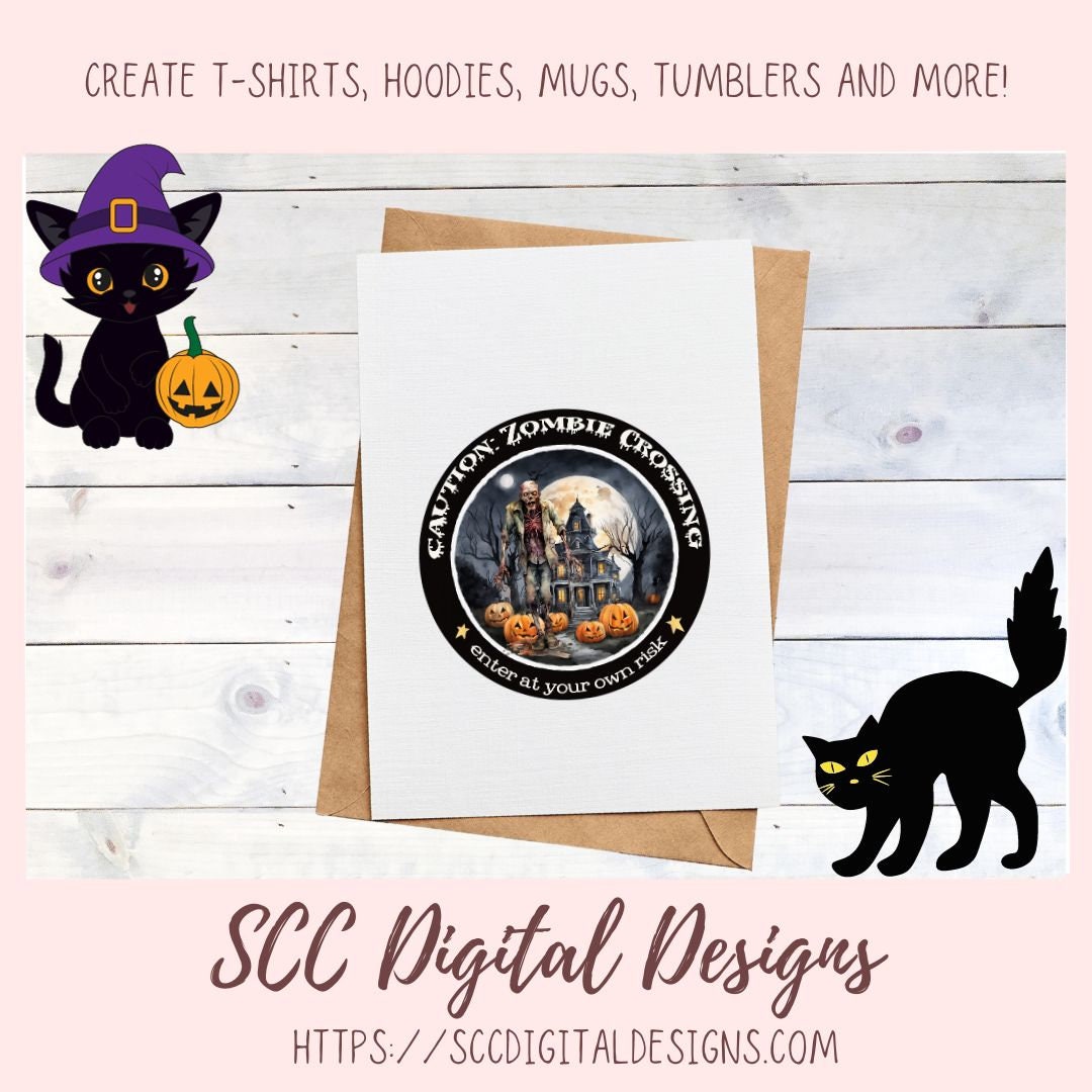 Halloween Zombie Clipart for T-Shirts for Men, Fall Crafting Designs Spooky Vibes Haunted House for Door Hanger PNG Clip Art Commercial Use