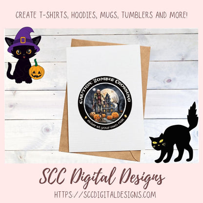 Halloween Zombie Clipart for T-Shirts for Men, Fall Crafting Designs Spooky Vibes Haunted House for Door Hanger PNG Clip Art Commercial Use
