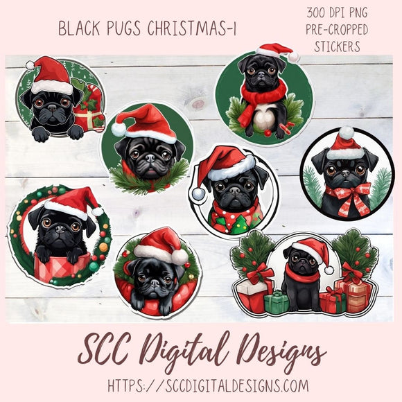 Black Pug Stickers for Digital or Paper Planners, Christmas Sticker PNG Pre-Cropped Clipart Printable Stickers for Women & Junk Journals
