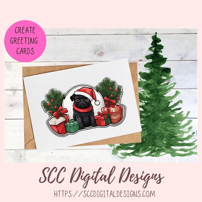 Black Pug Stickers for Digital or Paper Planners, Christmas Sticker PNG Pre-Cropped Clipart Printable Stickers for Women & Junk Journals