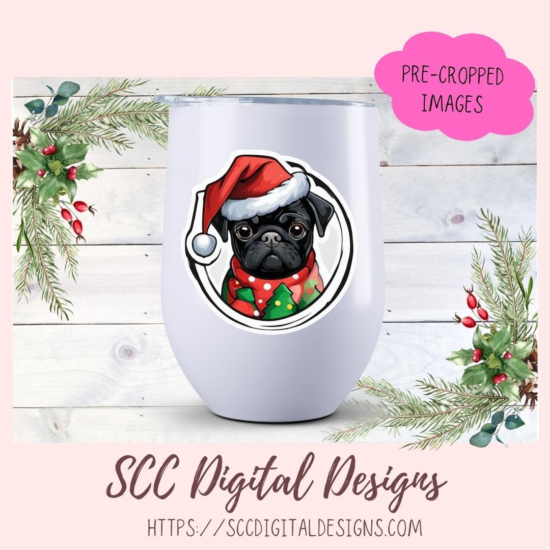 Black Pug Stickers for Digital or Paper Planners, Christmas Sticker PNG Pre-Cropped Clipart Printable Stickers for Women & Junk Journals
