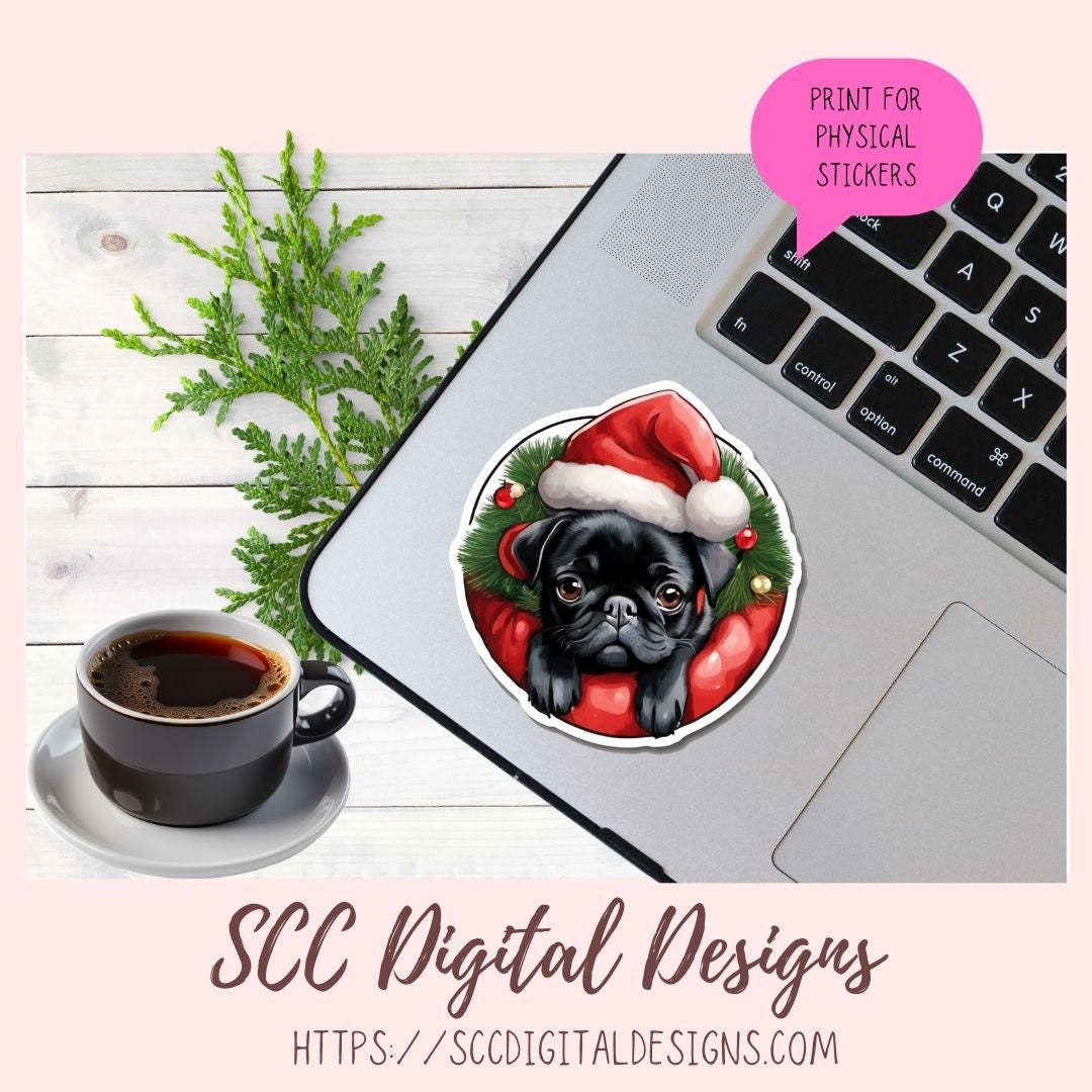 Black Pug Stickers for Digital or Paper Planners, Christmas Sticker PNG Pre-Cropped Clipart Printable Stickers for Women & Junk Journals