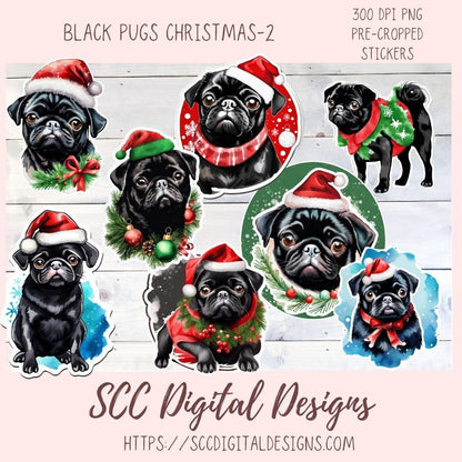 Cute Black Pug Stickers for Digital or Paper Planners, Christmas PNG Pre-Cropped Clipart Printable Stickers for Women, Digital Scrapbooking Supplies