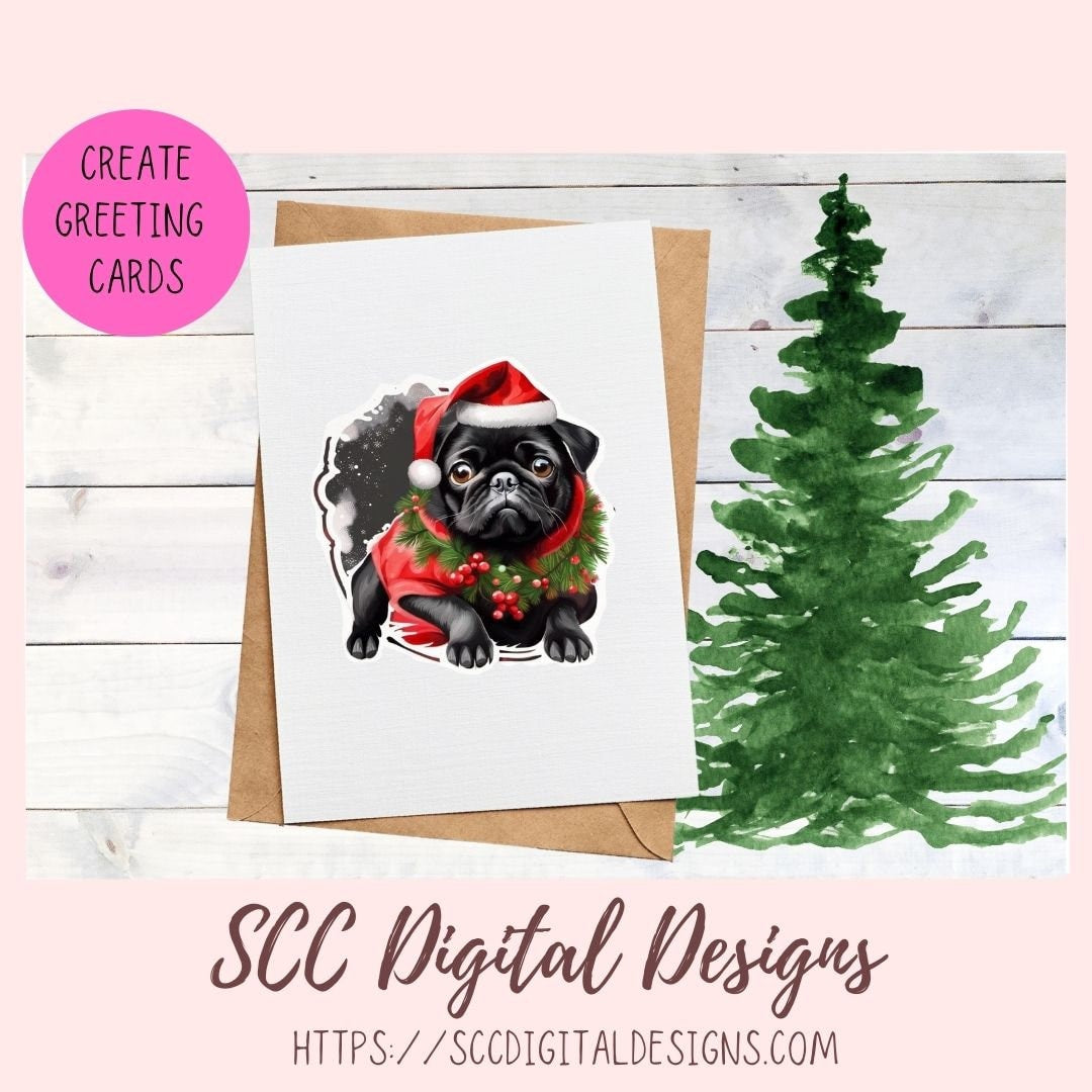 Cute Black Pug Stickers for Digital or Paper Planners, Christmas PNG Pre-Cropped Clipart Printable Stickers for Women, Digital Scrapbooking Supplies
