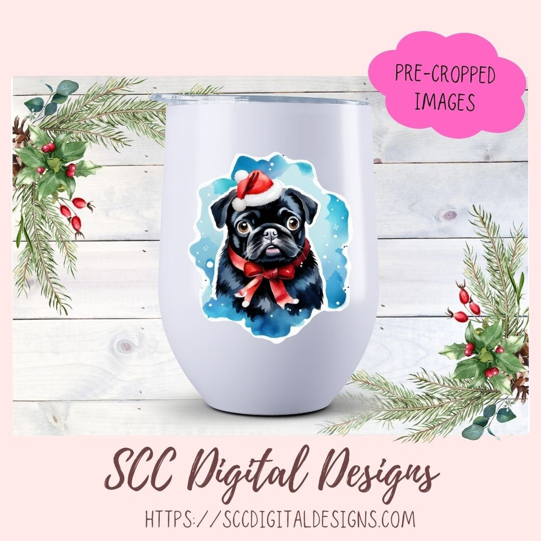 Cute Black Pug Stickers for Digital or Paper Planners, Christmas PNG Pre-Cropped Clipart Printable Stickers for Women, Digital Scrapbooking Supplies