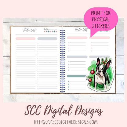Boston Terrier Christmas Stickers for Digital or Paper Planners, Pre-Cropped Clipart Printable Stickers for Women, Kids & Junk Journals