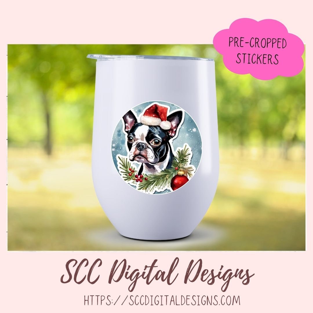 Boston Terrier Christmas Stickers for Digital or Paper Planners, Pre-Cropped Clipart Printable Stickers for Women, Kids & Junk Journals