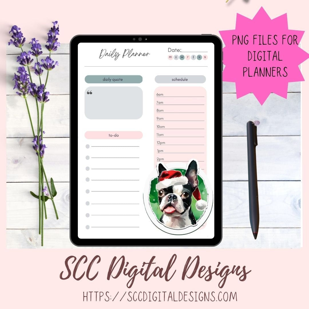 Boston Terrier Christmas Stickers for Digital or Paper Planners, Pre-Cropped Clipart Printable Stickers for Women, Kids & Junk Journals