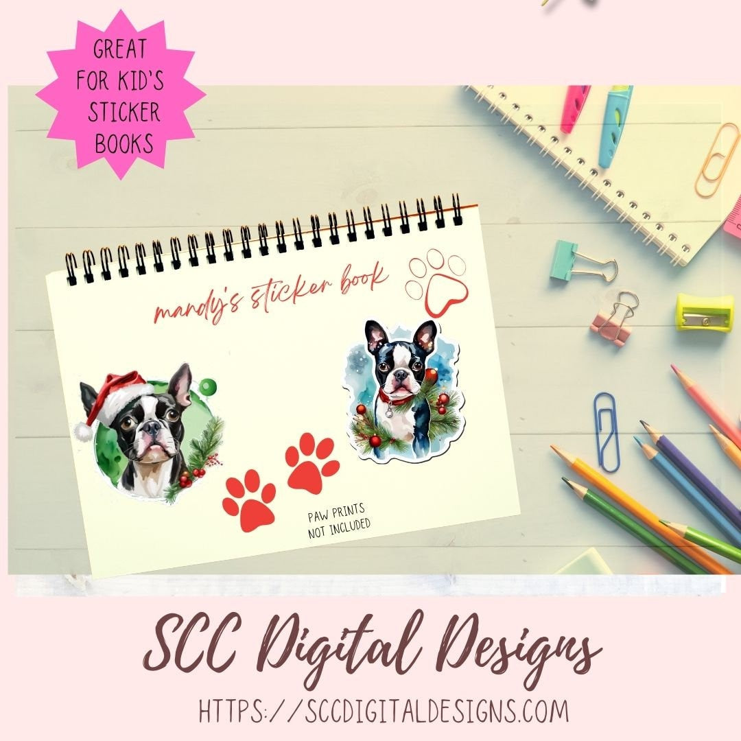 Boston Terrier Christmas Stickers for Digital or Paper Planners, Pre-Cropped Clipart Printable Stickers for Women, Kids & Junk Journals