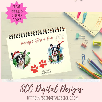 Boston Terrier Christmas Stickers for Digital or Paper Planners, Pre-Cropped Clipart Printable Stickers for Women, Kids & Junk Journals
