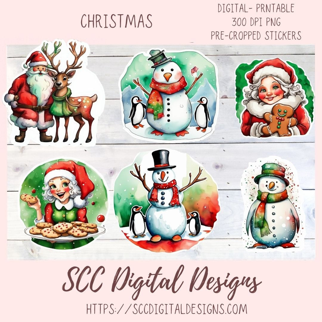 Whimscial Christmas Stickers for Digital or Paper Planners, Santa's Elves Pre-Cropped Clipart Printable Stickers for Women & Junk Journals