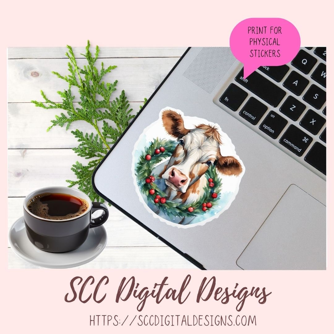 Christmas Cows Stickers for Digital or Paper Planners, Scrapbooking, Black and White Cow Pre-Cropped Clipart Printable Stickers for Women & Junk Journals