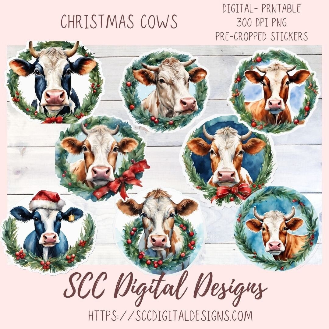 Christmas Cows Stickers for Digital or Paper Planners, Scrapbooking, Black and White Cow Pre-Cropped Clipart Printable Stickers for Women & Junk Journals